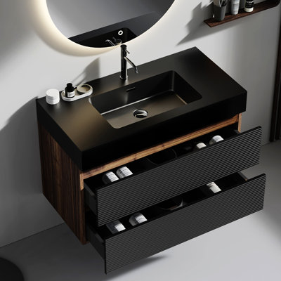Meuble-lavabo mural Grace de 36 po avec tiroirs en noyer et système noir, lavabo en quartz mat, tiroirs à fermeture amortie, finition noyer moderne