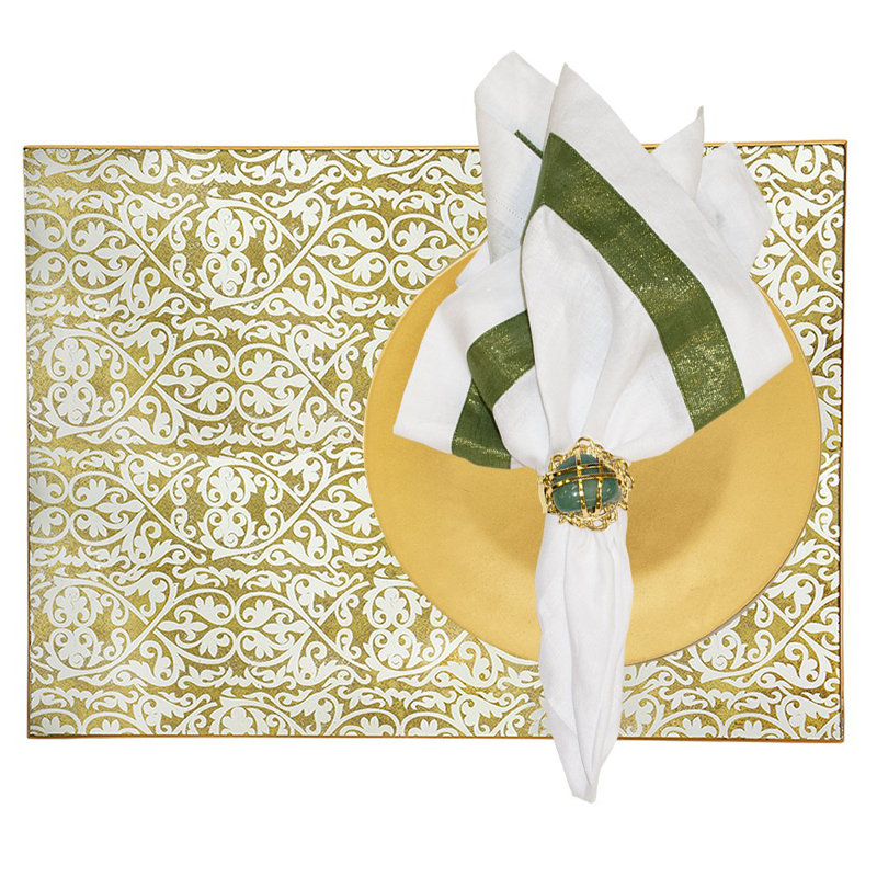 Shimmer New Border Linen Napkin, Green/White
