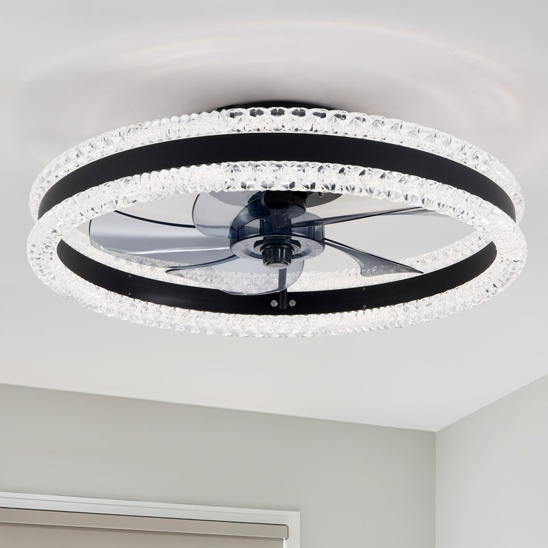  20" Crystal Ceiling Fan With LED Light And Remote, Double Ring Modern Flush Mount Hidden Blades Ceiling Fan, Black