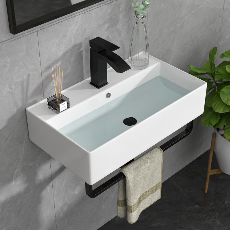 21"L x 12"W Wall Mount Bathroom Sink Ceramic Rectangular Console Bathroom vessel Sink with Basin Faucet and Bracket Base