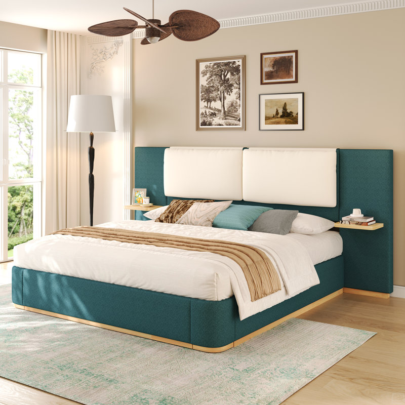 Grand lit plateforme tapissier avec panneau, cadre de lit plateforme, aucun sommier requis, assemblage facile, Vert