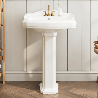 Vasque sur pied contemporaine Enjyam – Vasque de salle de bain en céramique blanche de 58 cm (23 po) avec trop-plein, 3 trous pré-percés pour robinetterie de 10 cm (4 po), robuste et facile à installer – Installation avec 3 trous pour robinetterie de 10 cm (4 po)