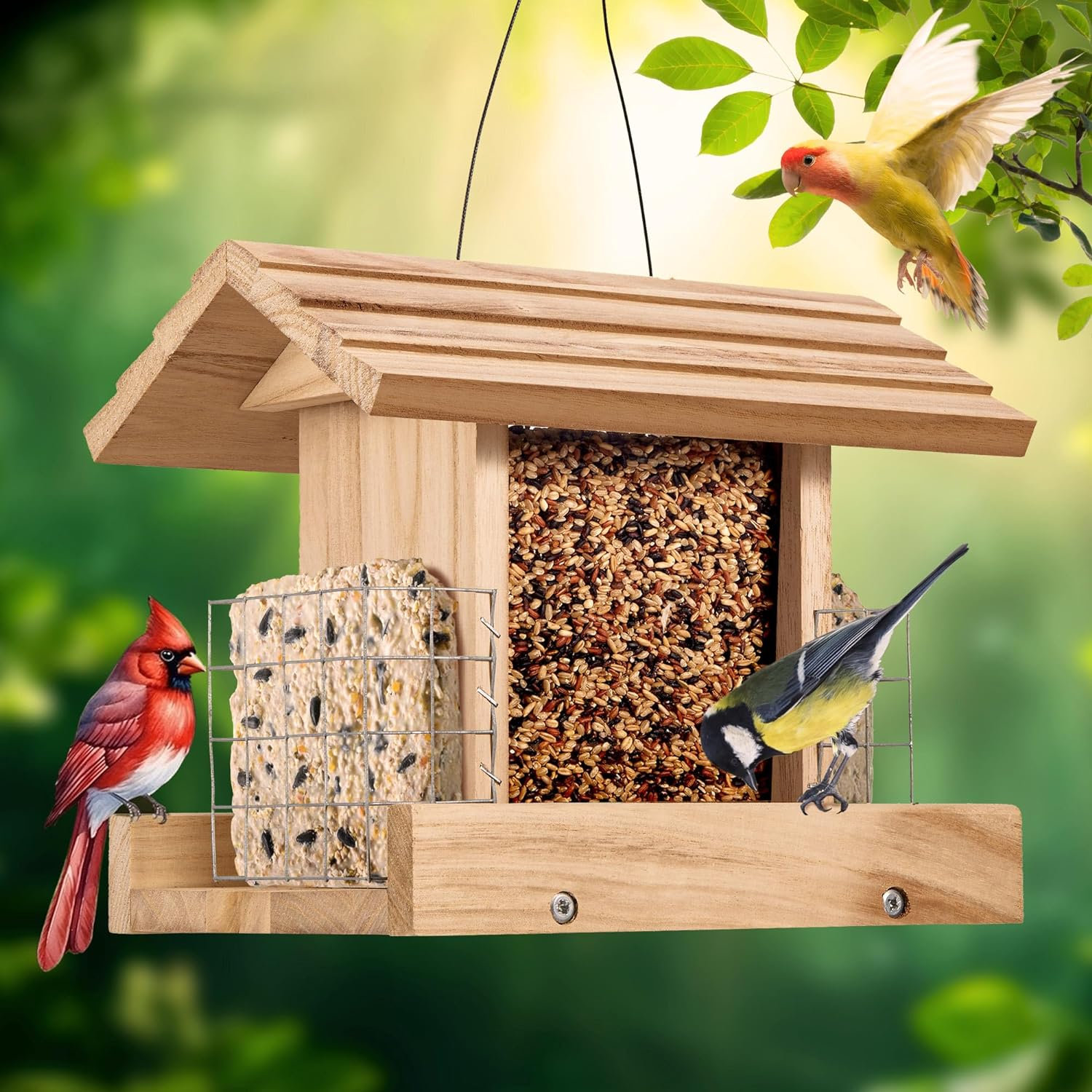 Mangeoire Suspendue Pour Oiseaux Sauvages Avec Cage à Suif - Résistante Aux Intempéries - Pour Pics, Mésanges - Installation Sur Branche Ou Balcon