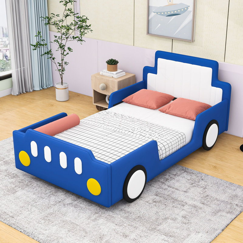 Upholstered Twin Race Car-Inspired Platform Bed With Guardrails And Sturdy Slats, Blue