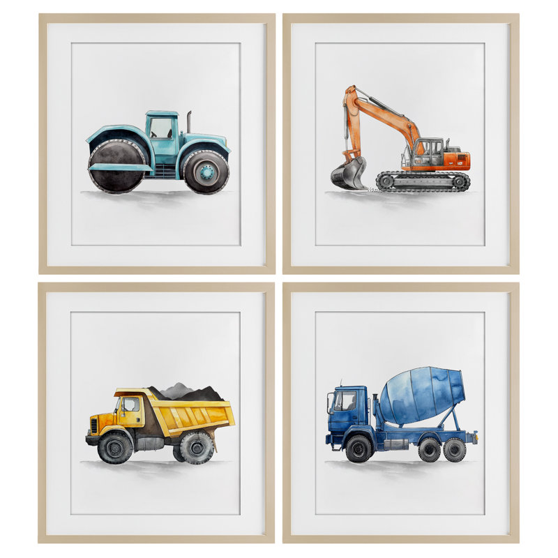 Ensemble de 4 pièces de travail sous camion sous-verre, par Christine Simpson Art, H 16 po x l 13 po, Cadre de récolte en pin
