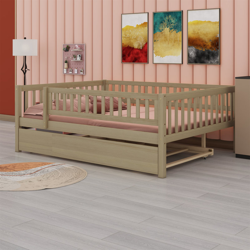 Wood Daybed With Trundle And Fence Guardrails, Natural