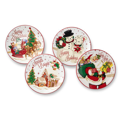 Santa’s Retro Christmas Dessert Plates – Set of 4 Assorted Holiday Plates with Santa, Reindeer & Snowman Art, ceramic, Festive Vintage Tableware for Christmas