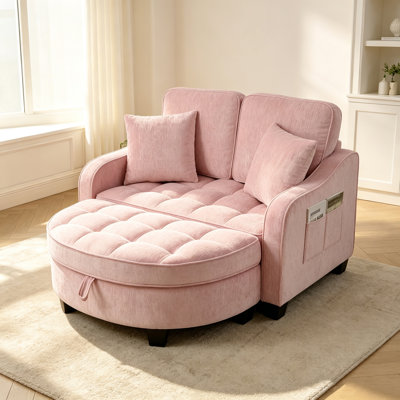 Canapé deux places avec méridienne, accoudoirs et dossiers asymétriques, repose-pieds avec rangement, livré avec deux petits coussins décoratifs, idéal pour le salon et la chambre - Rose