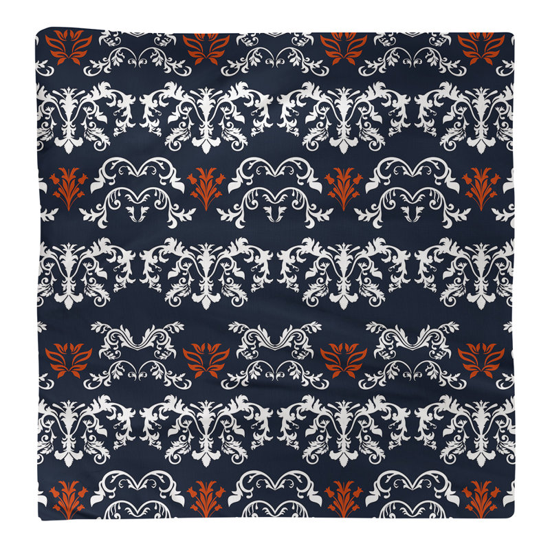 Damask Square Napkin, White/Dark Navy/Orange, Cotton, 22" W x 22" L