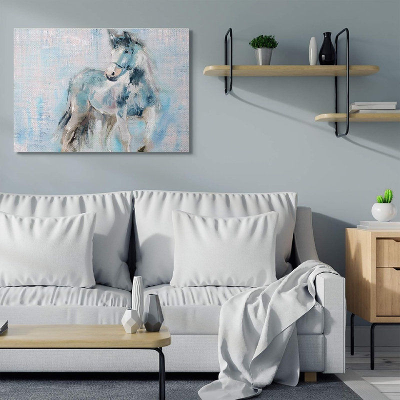 «Horse Walk Blue-Pink», art mural sans cadre, 48 x 32