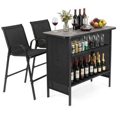 3 PCS Outdoor Bar Set Bar Height Table & Armchairs with Footrest 2-Tier Shelf Brown