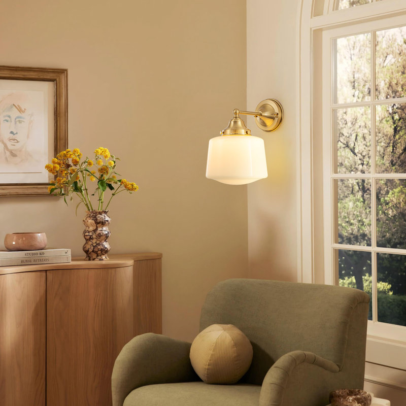 1-Light Armed Brass Glass Wall Sconce, Brass