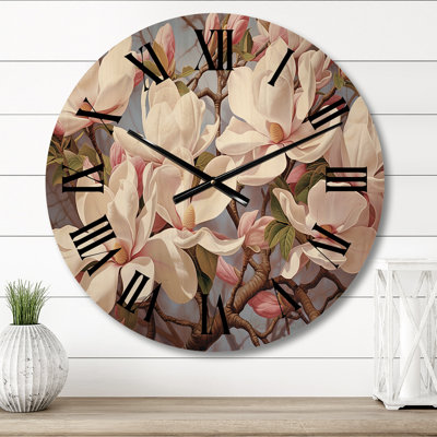 Whte Pink Magnolias Magnolia Harmony - Floral Oversized Wood Wall Clock
