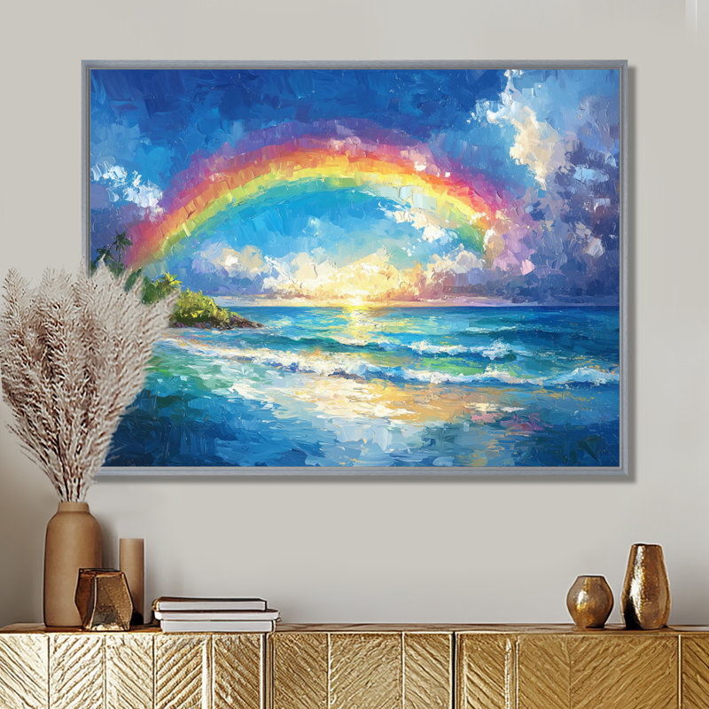 Arc-en-ciel dans les îles tropicales - art mural arc-en-ciel, H 12 po x l 20 po, Gold Picture Framed