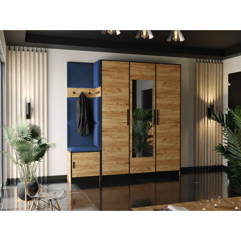 Tahana Hall Tree 210cm Wide with Bench, Oak/Blue