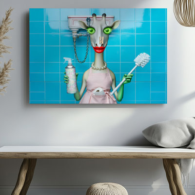 Surreal Giraffe Cartoon Animal Bathroom Decor Canvas Wall Art Print For Living Room, Bedroom, Office, Hallway, Entryway, Gallery Wall And Modern Home Decor
