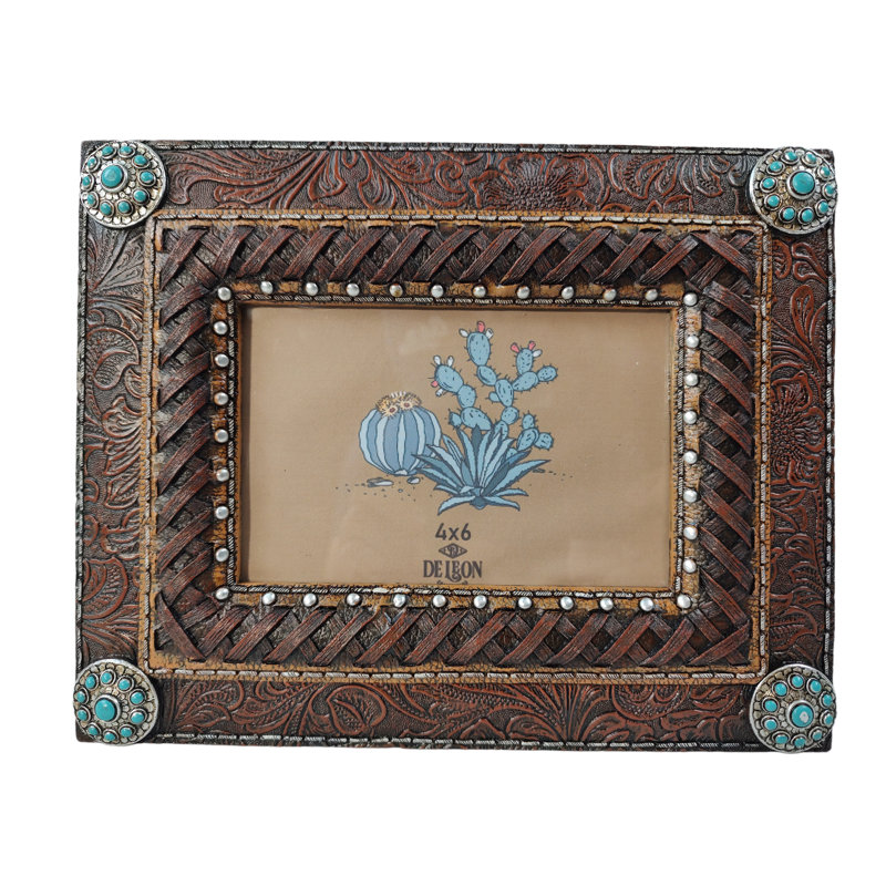 Rustic Brown Leather 6" x 4" Tabletop Photo Frame with Turquoise Conchos