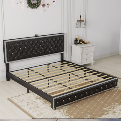 Upholstered Bed with Diamond Button, Modern Bed Frame with Galaxy Projector, No Box Spring Needed & Noise-Free Sturdy Wood Slats, PU