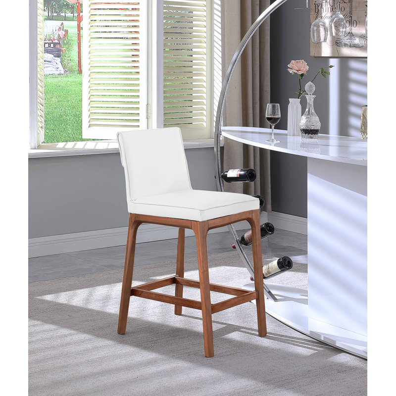 Emma White Faux Leather Low-back Counter Stool with Walnut Wood Base