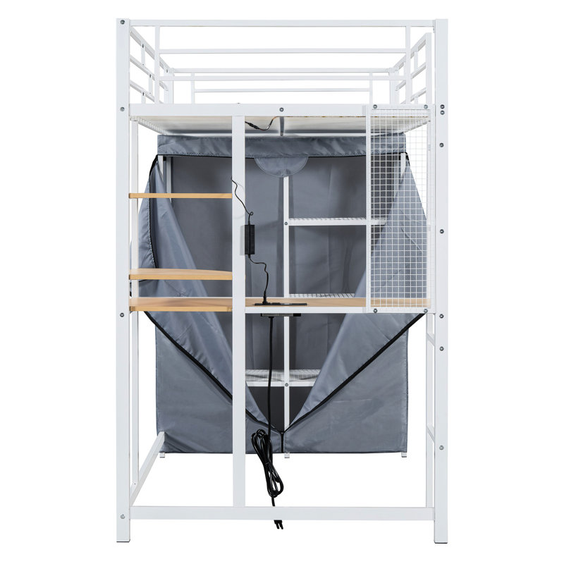 Lit mezzanine simple en métal avec bureau, prise de courant, DEL, tablettes et garde-robe - travail extensible à finition blanche pour économiser de l'espace