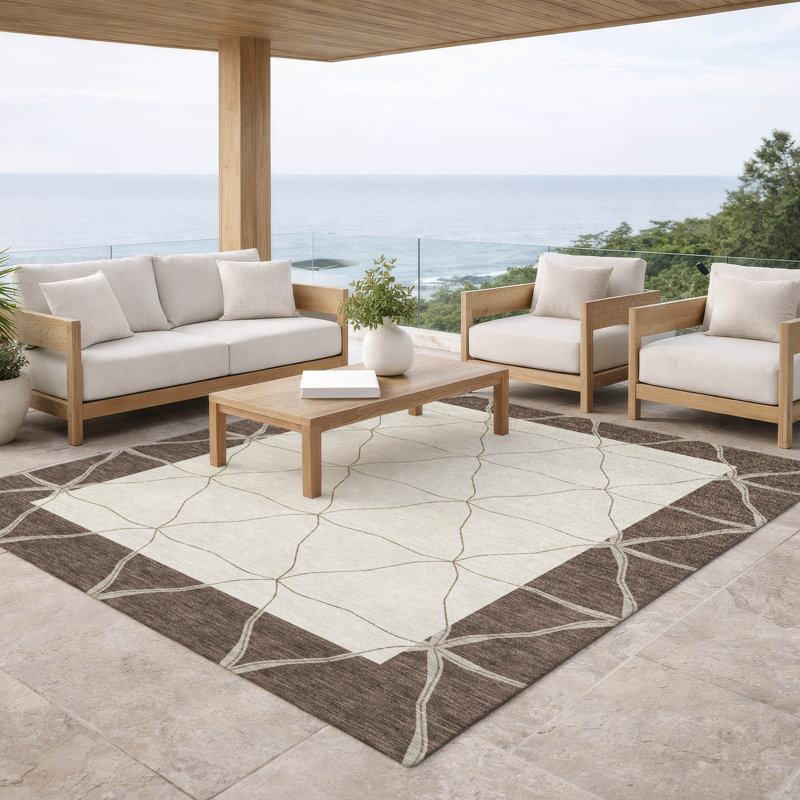 Machine Washable Indoor/Outdoor Chantille ACN2841 Border Rug, Coffee, 10' x 14'