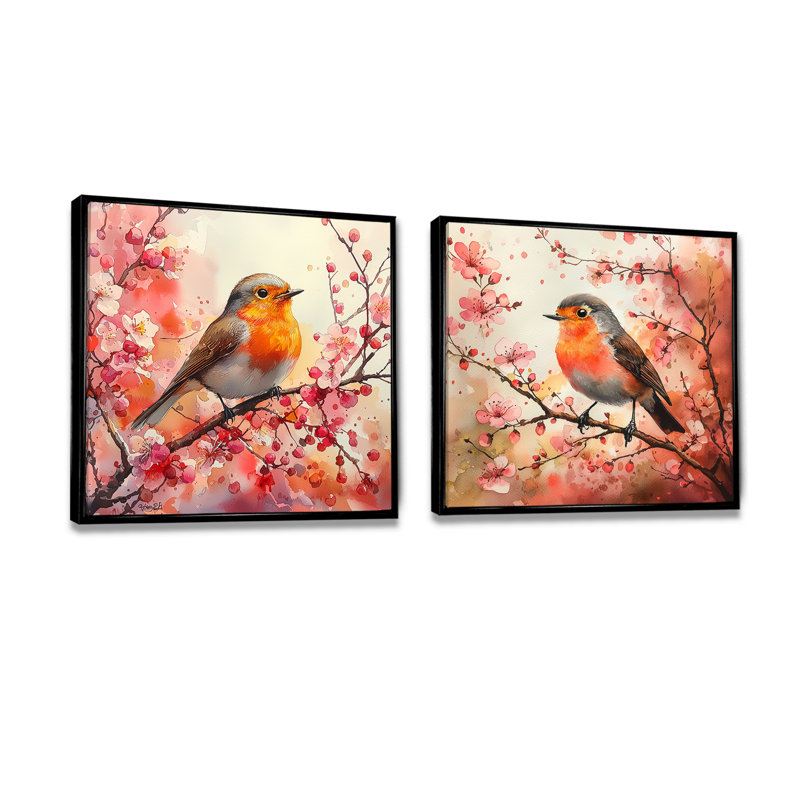 «Robin Bird In The Spring Blossoms I» - art mural oiseau - ensemble d'art mural moderne 2 pièces, H 16 po x l 33 po, Noir