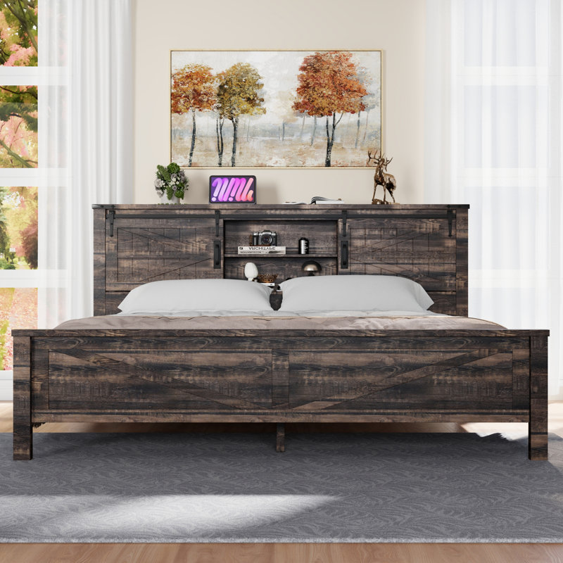 Farmhouse Bed Frame With Charging Station And Storage Cabinets, King, Dark Rustic Oak