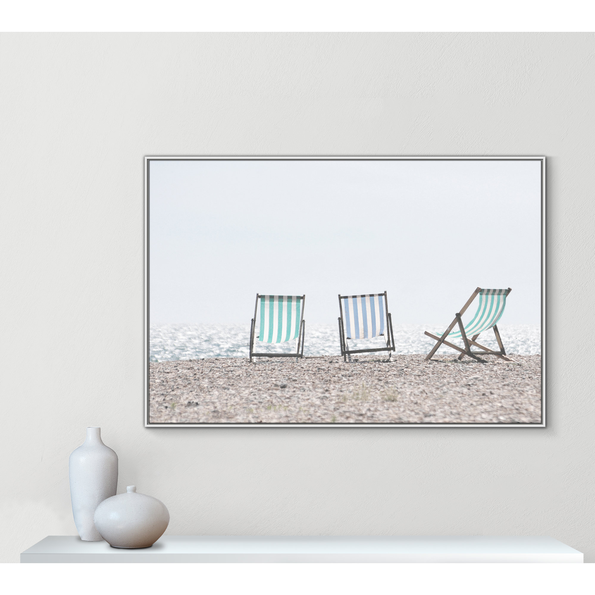 Beach Chairs - Photograph Print, White Framed Canvas, 41.5" H x 61.5" W x 2" D
