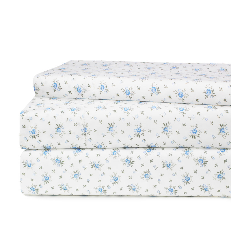 Beford Lane 100% Cotton Percale Floral Sheet Set, Queen, Blue