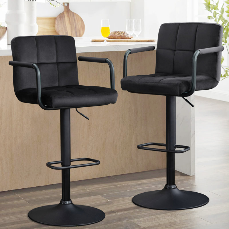 Mid-Century Modern Adjustable Height Swivel Low Back Velvet Upholstered Barstools with Metal Frame, Black