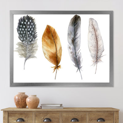 Boho Feather In Orange & Blue Striped & Polka Dost - Animals Framed Wall Art
