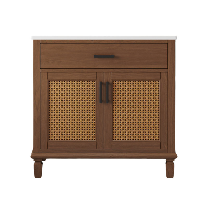 36" Rattan Bathroom Vanity with Ceramic Sink, Brown