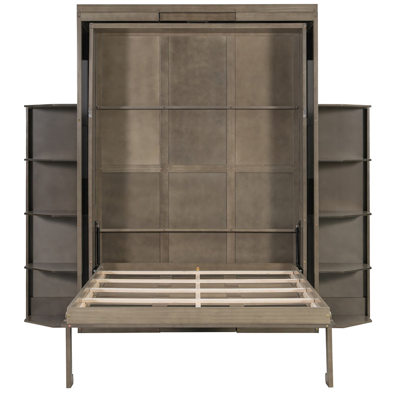 Rotating Murphy Bed With Hidden Wall Cabinet, Dual 3-Tier Side Shelves, Convertible Desk, Extra Storage Racks, Space-Saving Multifunctional Wall Bed