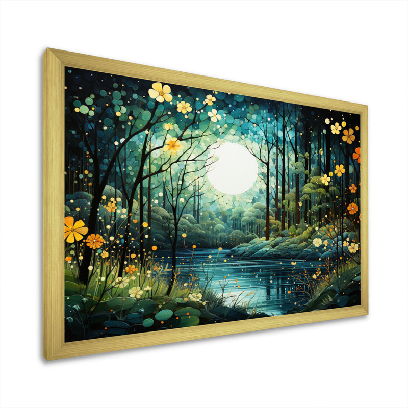 Forêt enchantée de Beres, pointillisme I - forêt, art mural, Cadre doré simple, H 30 po x l 40 po x P 1,5 po