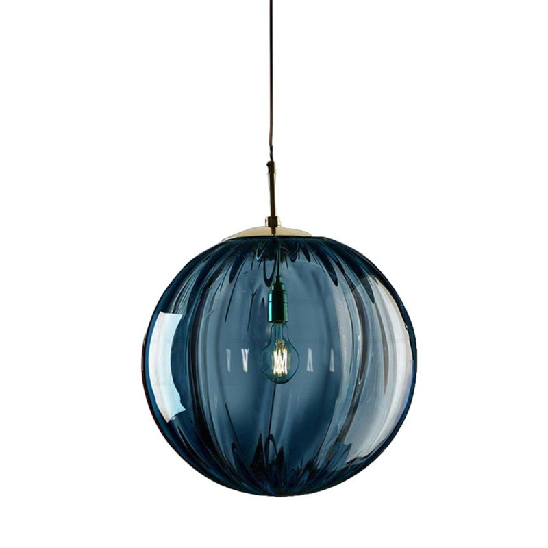Modern Indoor Pendant Light – Ribbed Globe Glass Shade Ceiling Light for Kitchen, Blue