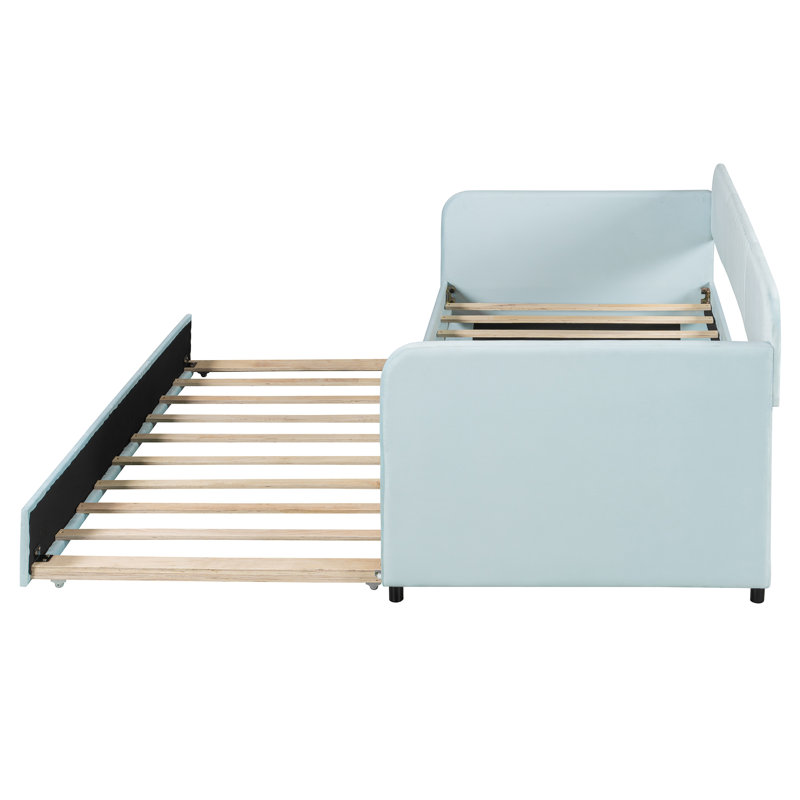 Upholstered Daybed Sofa Bed Twin Size With Trundle Bed And Wood Slat, Light Blue, Light Blue