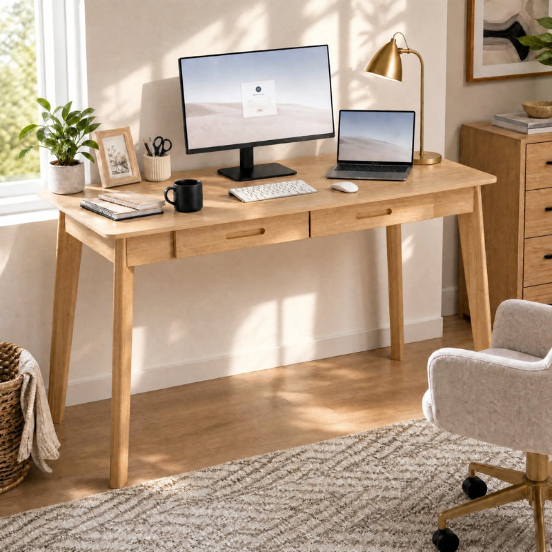 Bureau d'écriture 2 tiroirs avec pieds en bois massif Caidence, H 29,53 po x l 47,2 po x P 21,7 po, Bois loupé / bois loupé