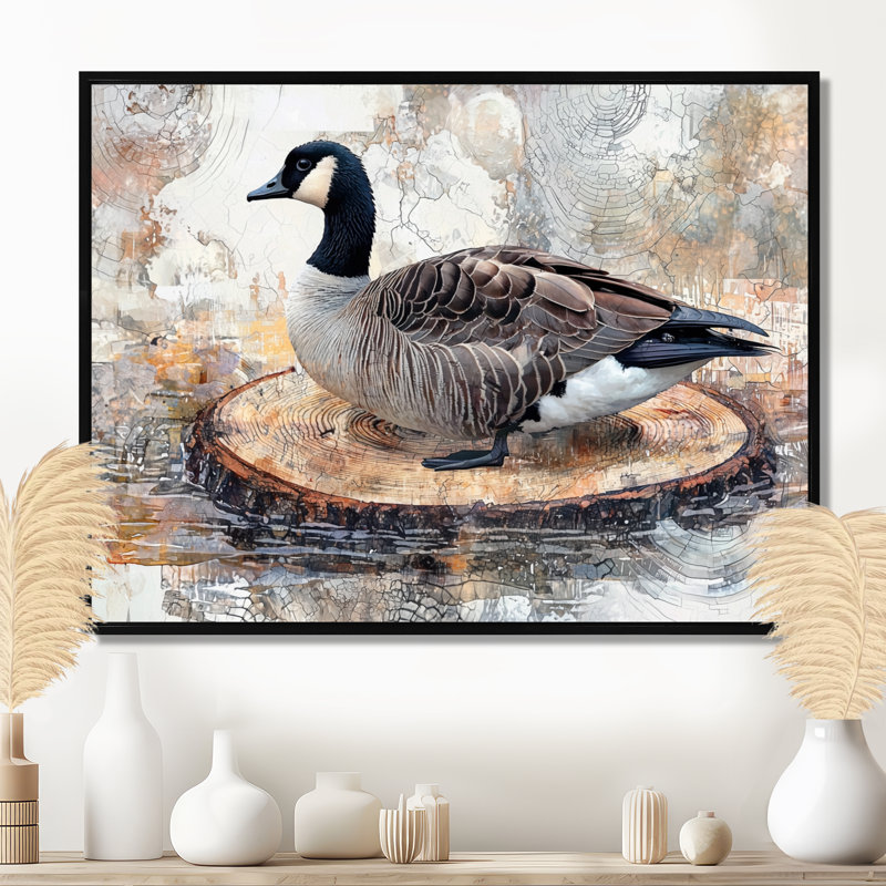 Oie canadienne dans un lac en bois, paysage III - oie, art mural, H 24 po x l 32 po, Cadre flottant, Noir