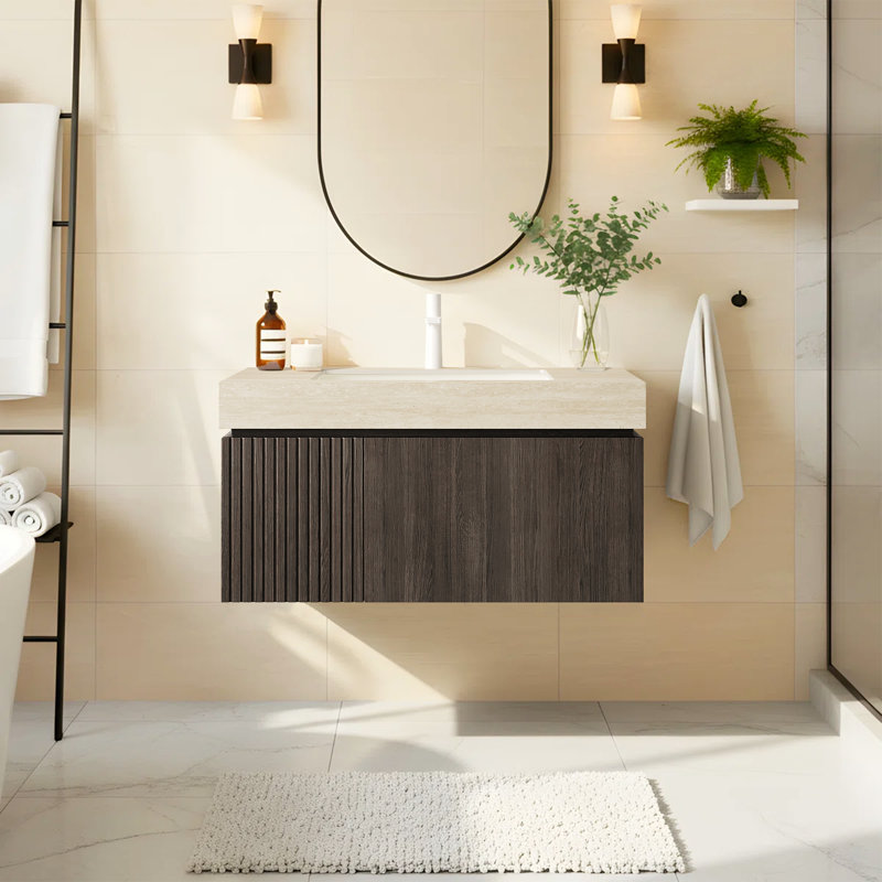 Meuble-lavabo de salle de bain luxueux en pierre frittée Mid-Century