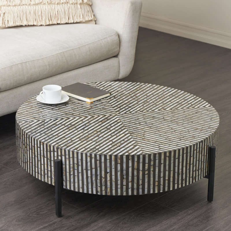 Maly Round Mother of Pearl Coffee Table, Black/White Top/Black Base