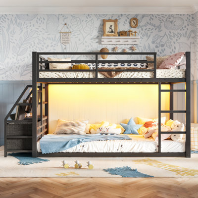 Twin over Twin Metal Bunk Bed with Storage Drawers & Shelves, LED Lights, Safety Guardrails, No Box Spring Needed.Black