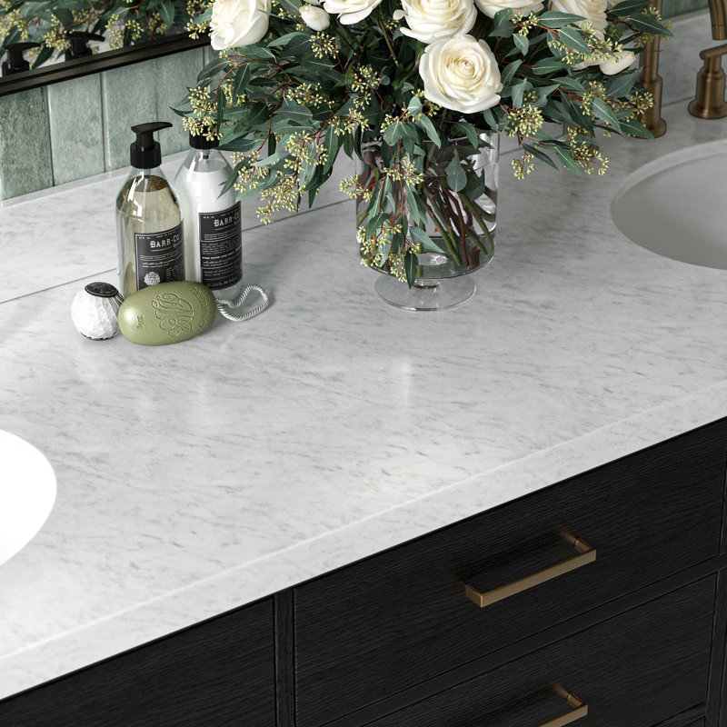 Thornaby 72'' Solid Wood Double Bathroom Vanity with 1.5'' Carrara Marble Top, Black Oak