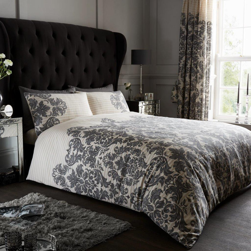 Damask Pattern Duvet Cover Set with Matching Pillowcases - Polycotton Bedding Set - Washable, Single, Cream