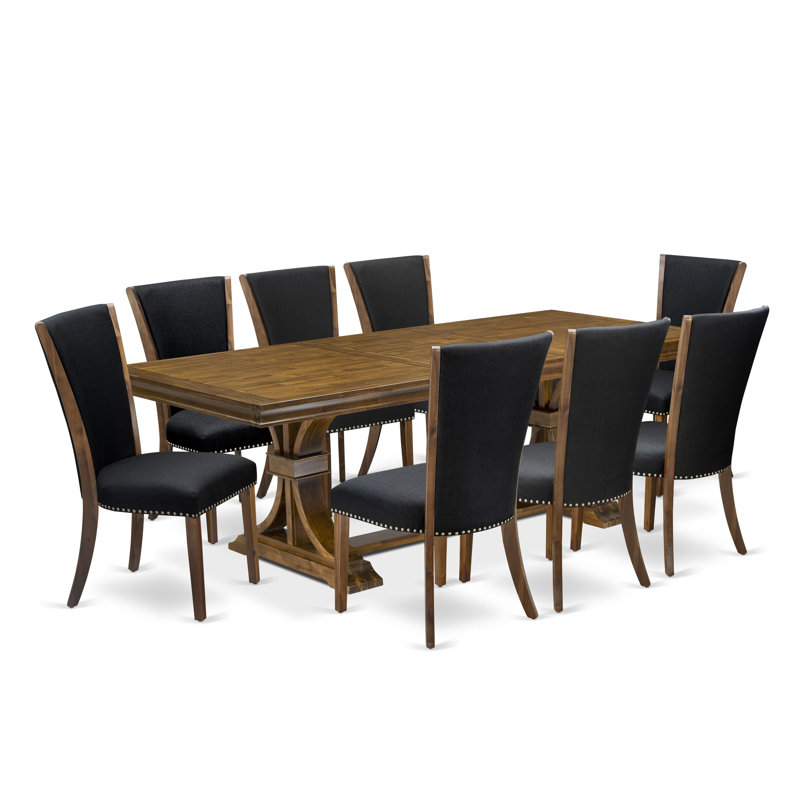 L'ensemble de table de salle à manger 9 pièces comprend une table de cuisine et 8 chaises de salle à manger en tissu de lin brun clair avec dossier capitonné - Finition noyer antique