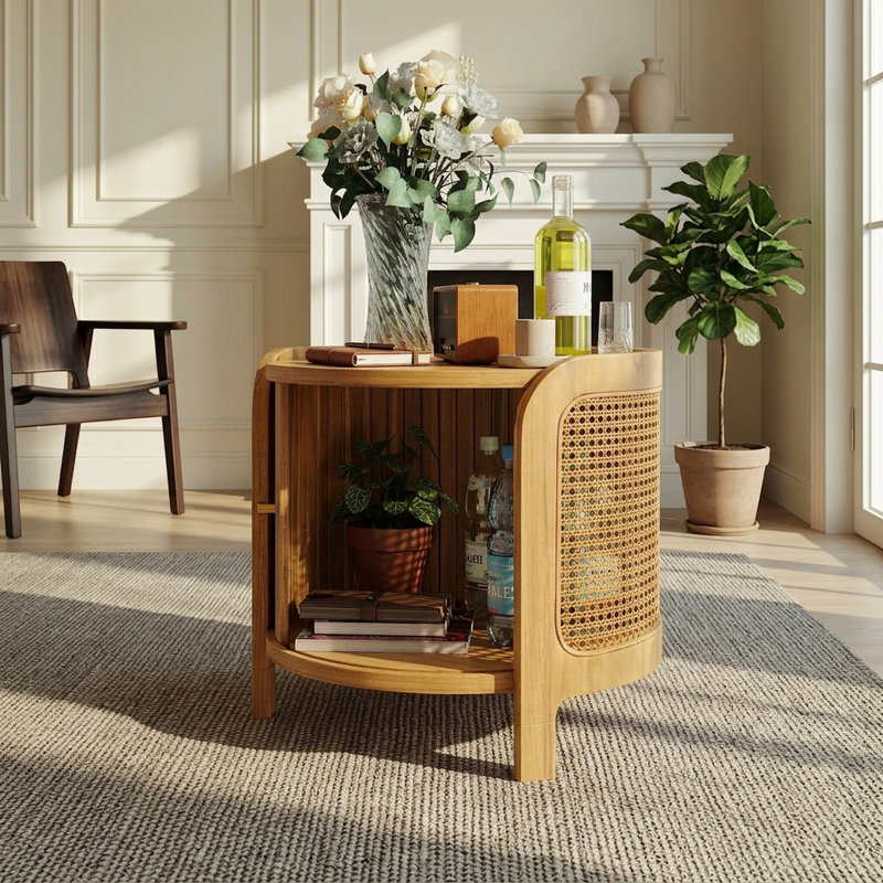 Table basse rotative moderne 19,7 po avec rotin et rangement caché FFZ