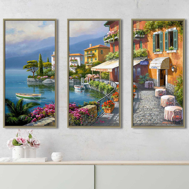 «Seaside Bistro Cafe» par Sung Kim, reproduction de 3 pièces sur toile flottante, H 41,5 po x l 64,5 po x P 2 po