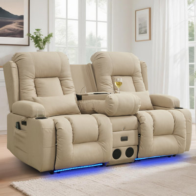 Power Reclining Sofa With Heat And Massage, Bluetooth Speakers And LED Lights, 3 Seater Dual Recliner Sofa With USB Ports And Cup Holders