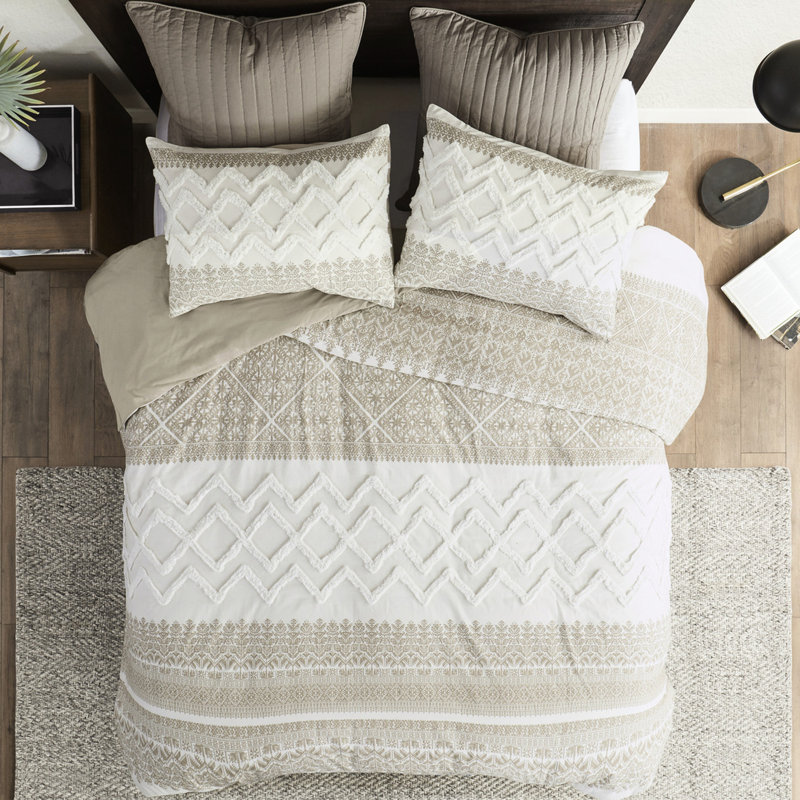 3 Piece Cotton Duvet Cover Queen, Chenille Tufting, Touch, Design, Taupe Reverse, Washable Bedding For Queen Bed, , Elegance, Print, Machine