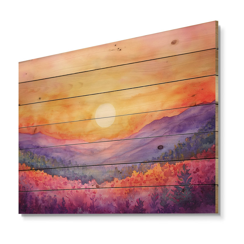 Coucher de soleil avec fleurs sauvages II - paysage traditionnel sur bois de pin naturel, H 34 po x l 44 po