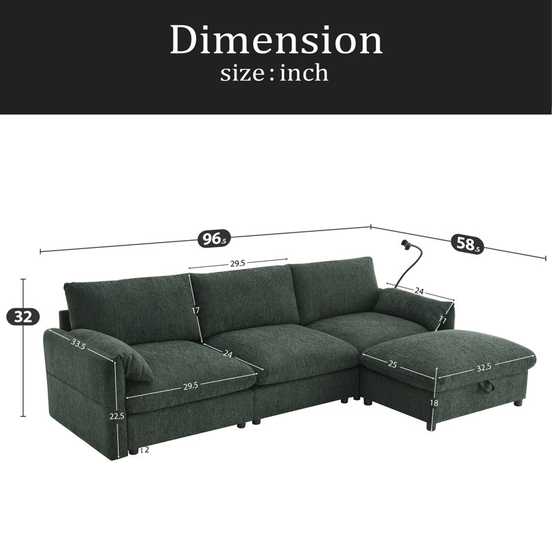 Canapé modulaire en chenille avec repose-pieds et poches de rangement, support de téléphone réglable, siège large, ensemble de canapé en L de 4 sièges, canapé confortable avec chargeur USB pour le salon, appartement